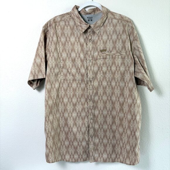 Columbia Snap Front Shirt Mens XL Brown Tan Aztec Print Short Sleeve Omni Shield - Picture 1 of 10